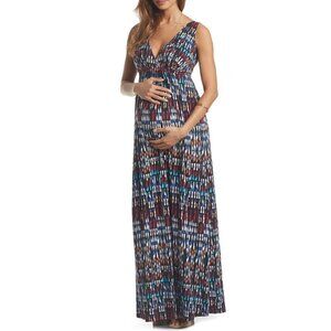 NWT Tart Maternity Chloe Maternity Maxi Dress IKAT Geometric Blue Multi MSRP$176
